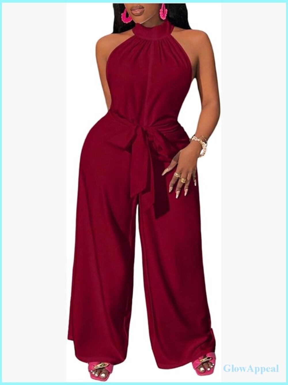 Elegant Sleeveless Halter Wide Leg Jumpsuit with Bow Tie